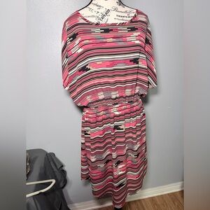 Espresso XL Abstract Stripe Dress Pink Black Elastic Waist Dolman Sleeve